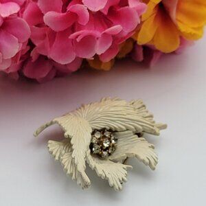 Vintage Crown Trifari White Enamel Crystal Flower Brooch 2 Inch